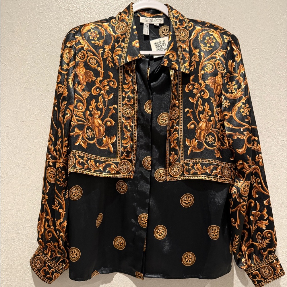 Laura and Jayne Black and Gold Baroque Style Shirt. PTP 21”, Lg 26”